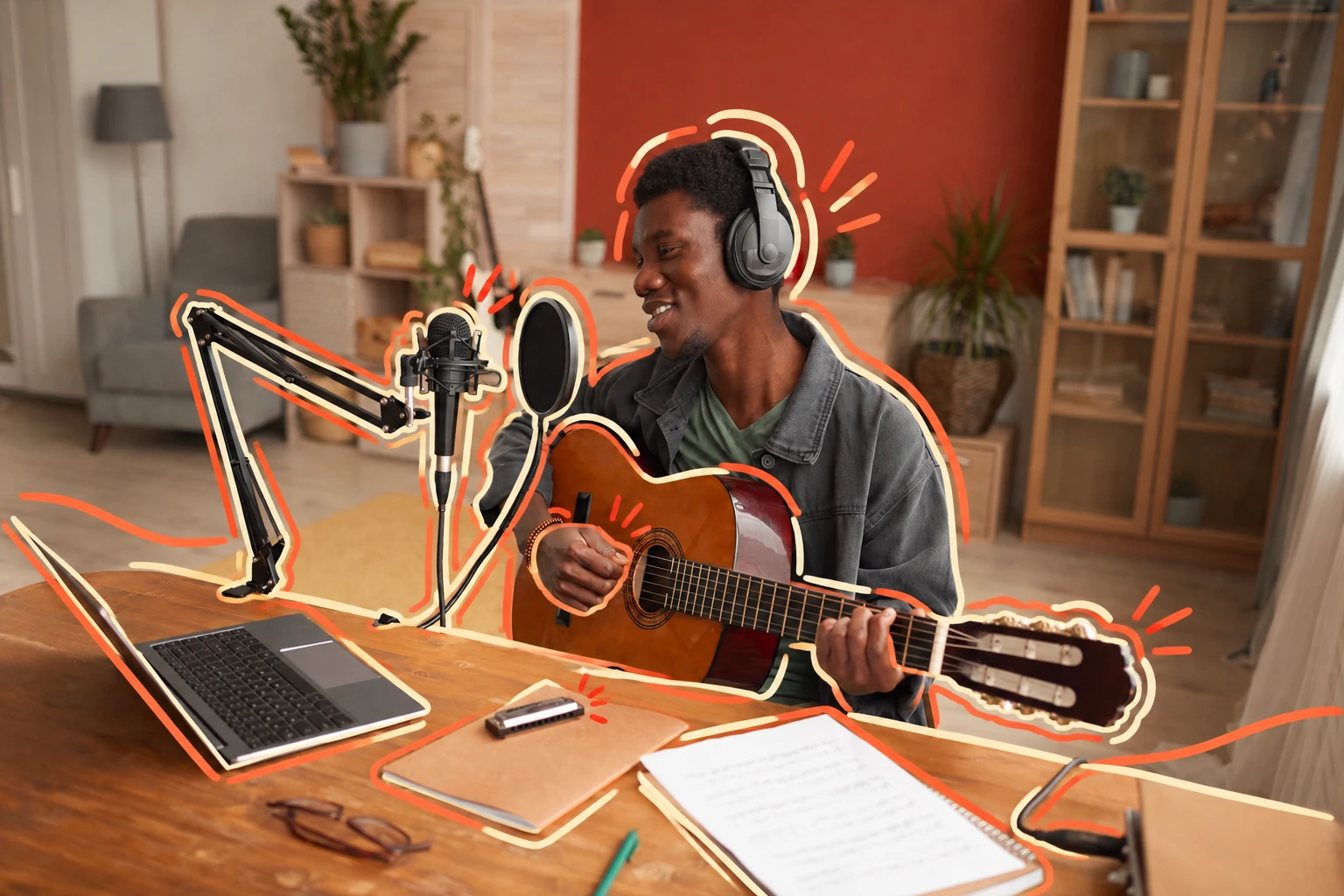 A songwriter playing guitar and recording into a microphone in a home studio