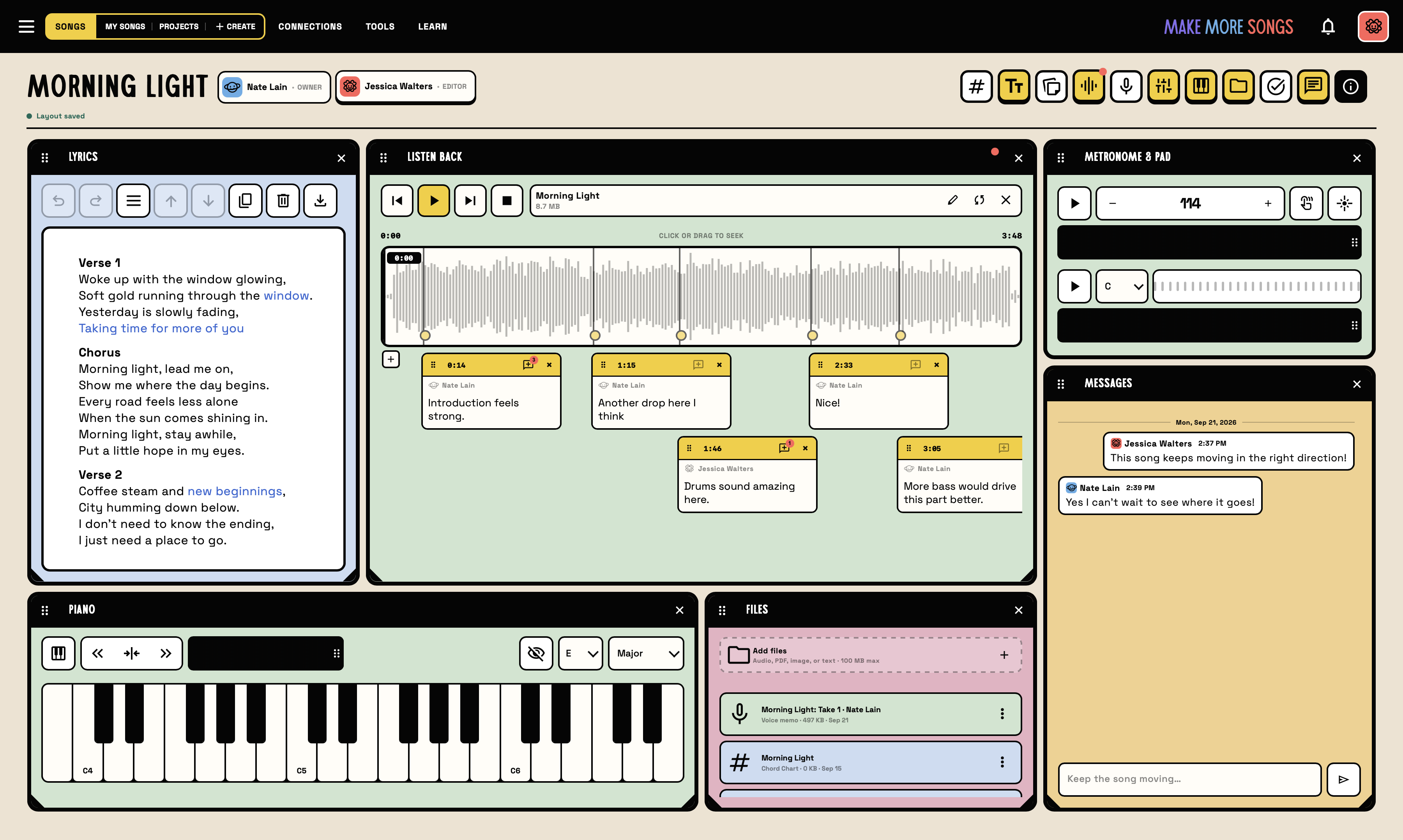 Morning Light in Make More Songs, with lyrics, recordings, piano, files, and collaborator messages together